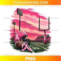 Football Breast Cancer Awareness PNG featuring a pink football helmet, football field, and pink awareness ribbon