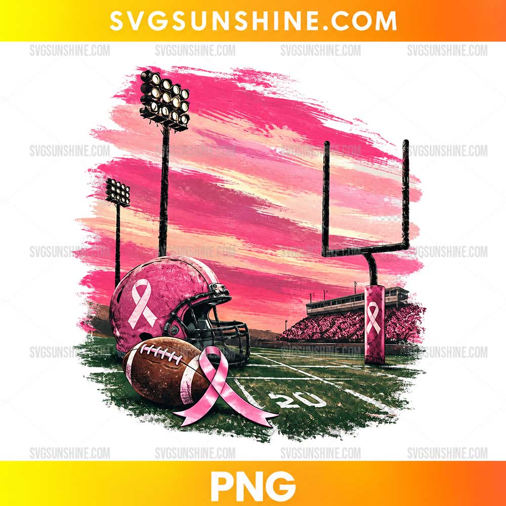 Football Breast Cancer Awareness PNG featuring a pink football helmet, football field, and pink awareness ribbon