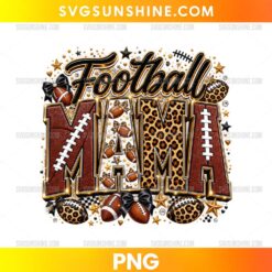 Football Mama PNG featuring leopard print letters, football textures, bows, footballs, and sparkling game day accents