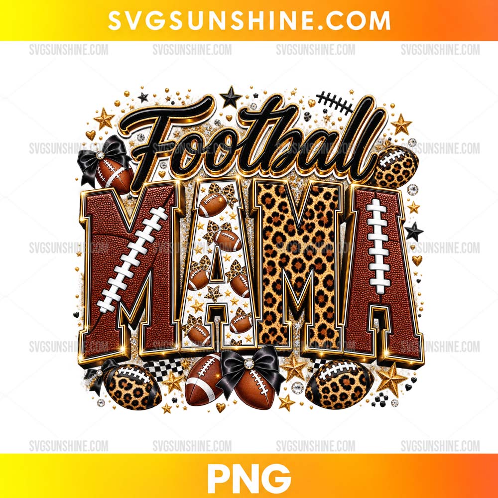 Football Mama PNG featuring leopard print letters, football textures, bows, footballs, and sparkling game day accents