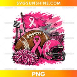 Football Pink Out Breast Cancer Awareness PNG featuring a pink football helmet, football, pink ribbon, pom-poms, and stadium