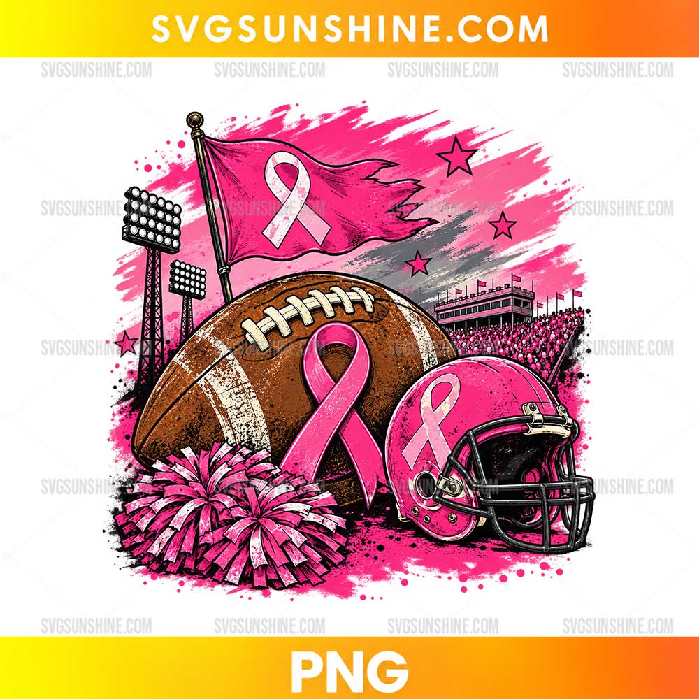 Football Pink Out Breast Cancer Awareness PNG featuring a pink football helmet, football, pink ribbon, pom-poms, and stadium