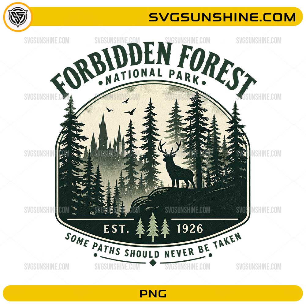 Forbidden Forest National Park PNG featuring a vintage forest landscape with deer silhouette and woodland scenery
