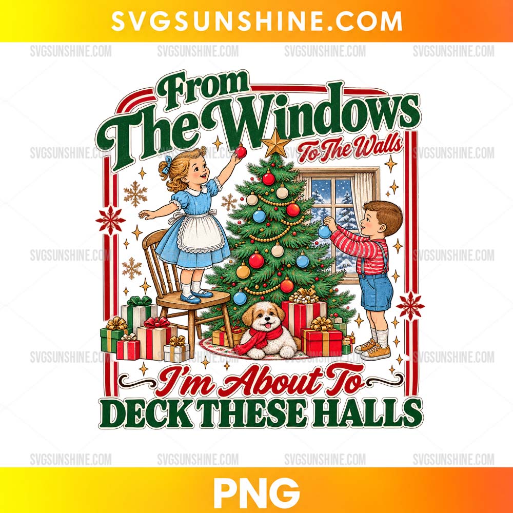From The Windows To The Walls I'm About To Deck These Halls PNG featuring children decorating a Christmas tree with gifts and festive holiday decorations