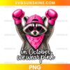 Funny raccoon breast cancer awareness PNG with pink ribbon cap and heart sunglasses