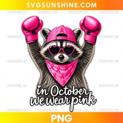 Funny raccoon breast cancer awareness PNG with pink ribbon cap and heart sunglasses