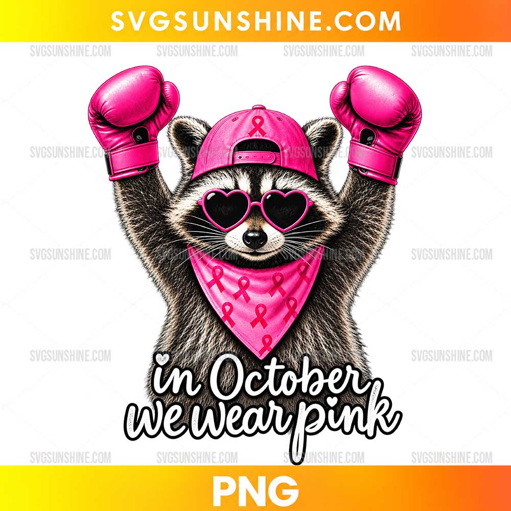 Funny raccoon breast cancer awareness PNG with pink ribbon cap and heart sunglasses