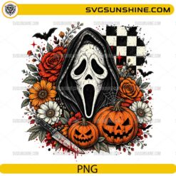 Ghostface Halloween PNG with pumpkins, autumn flowers, bats, spiderwebs, and horror-inspired Halloween design