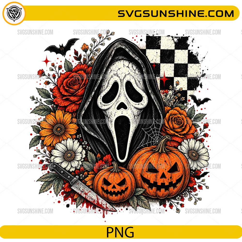 Ghostface Halloween PNG with pumpkins, autumn flowers, bats, spiderwebs, and horror-inspired Halloween design