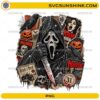 Ghostface Scream PNG featuring a horror-inspired masked character with pumpkins, ravens, skulls, spider webs, vintage horror posters, and Halloween decorations