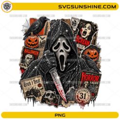 Ghostface Scream PNG featuring a horror-inspired masked character with pumpkins, ravens, skulls, spider webs, vintage horror posters, and Halloween decorations