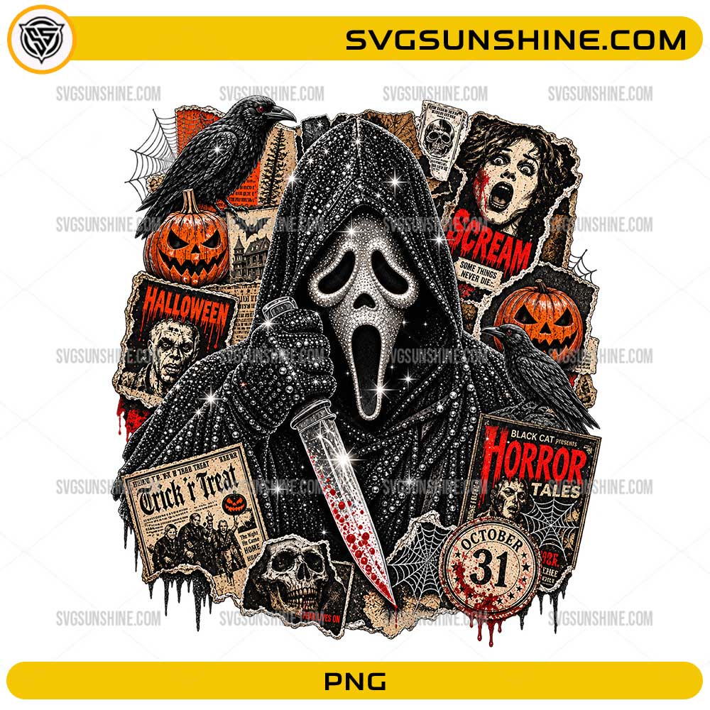 Ghostface Scream PNG featuring a horror-inspired masked character with pumpkins, ravens, skulls, spider webs, vintage horror posters, and Halloween decorations