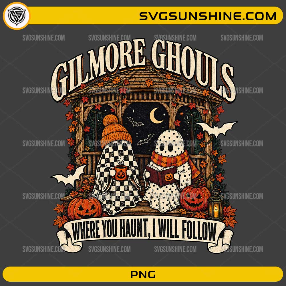 Gilmore Ghouls Where You Haunt I Will Follow PNG with cute ghost friends reading in a gazebo surrounded by pumpkins and fall leaves