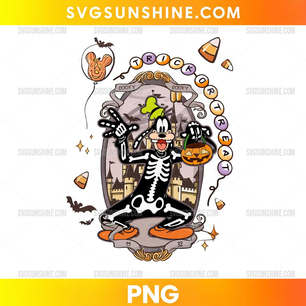 Goofy Trick or Treat Halloween PNG with skeleton costume, pumpkin candy bucket, bats, candy corn, and haunted castle background