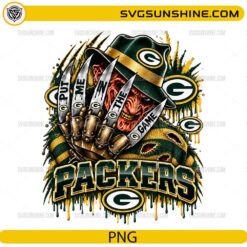 Green Bay Packers Freddy Krueger PNG featuring Put Me In The Game football horror design with claw glove and green gold team colors