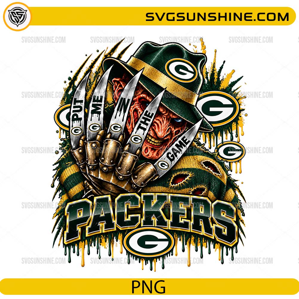 Green Bay Packers Freddy Krueger PNG featuring Put Me In The Game football horror design with claw glove and green gold team colors