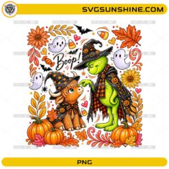 Grinch Boop Highland Cow Halloween PNG featuring a witchy Highland cow and Grinch-inspired character with pumpkins and autumn leaves