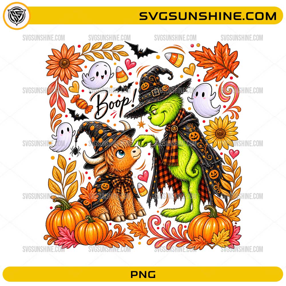 Grinch Boop Highland Cow Halloween PNG featuring a witchy Highland cow and Grinch-inspired character with pumpkins and autumn leaves