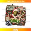 Grinch Christmas Quotes PNG featuring festive holiday sayings, Christmas wreath, ornaments, winter scenery, and holiday decorations