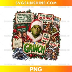 Grinch Christmas Quotes PNG featuring festive holiday sayings, Christmas wreath, ornaments, winter scenery, and holiday decorations