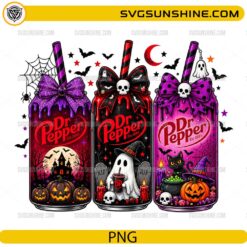 Halloween Dr Pepper PNG Sublimation Design with spooky ghost, pumpkins, skulls, bats, witch elements and Halloween soda can artwork
