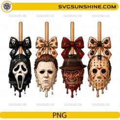 Halloween Horror Character Candy Apple PNG with spooky slasher-inspired candy apples, Halloween bows, and sublimation design
