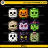 Halloween LEGO Heads PNG featuring skeleton, pumpkin, Frankenstein, mummy, vampire, witch, ghost, black cat, and zombie characters