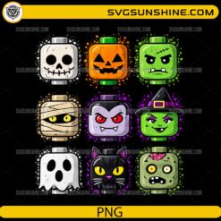 Halloween LEGO Heads PNG featuring skeleton, pumpkin, Frankenstein, mummy, vampire, witch, ghost, black cat, and zombie characters
