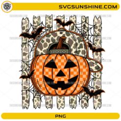 Halloween Pumpkin PNG with buffalo plaid jack o lantern, bats, spider webs, camouflage background, and baseball cap