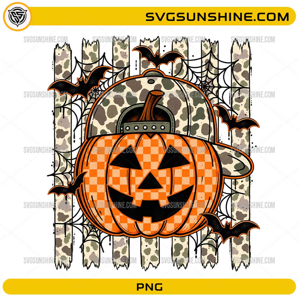 Halloween Pumpkin PNG with buffalo plaid jack o lantern, bats, spider webs, camouflage background, and baseball cap
