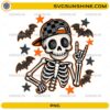 Halloween Skeleton PNG with checkered baseball cap, rock hand gesture, bats, and Halloween stars