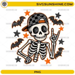 Halloween Skeleton PNG with checkered baseball cap, rock hand gesture, bats, and Halloween stars