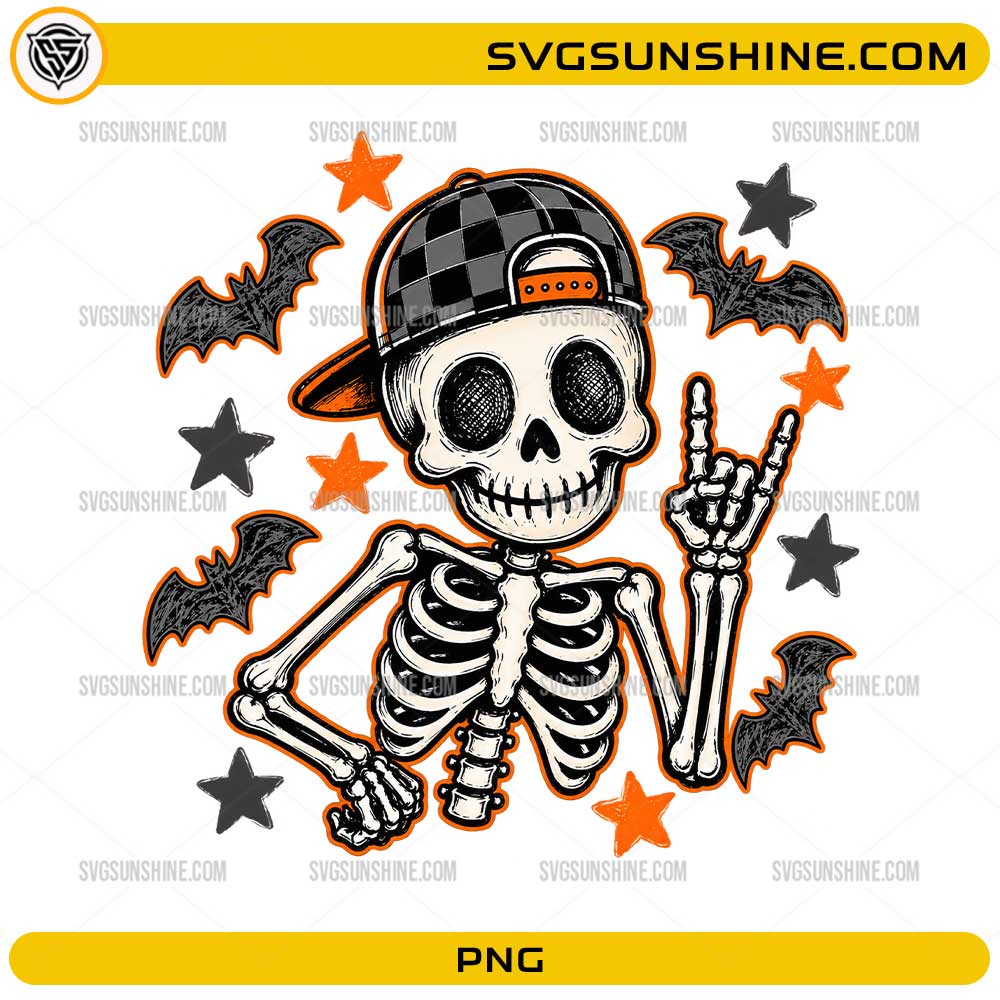 Halloween Skeleton PNG with checkered baseball cap, rock hand gesture, bats, and Halloween stars