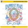 Happiest Place On Earth PNG featuring a magical castle, floral decorations, ribbons, and fantasy-inspired elements
