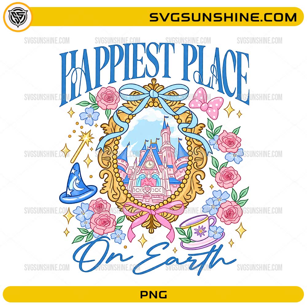 Happiest Place On Earth PNG featuring a magical castle, floral decorations, ribbons, and fantasy-inspired elements