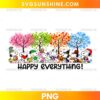 Happy Everything Snoopy PNG featuring four seasons trees and holiday-themed Peanuts-inspired characters