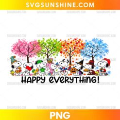 Happy Everything Snoopy PNG featuring four seasons trees and holiday-themed Peanuts-inspired characters