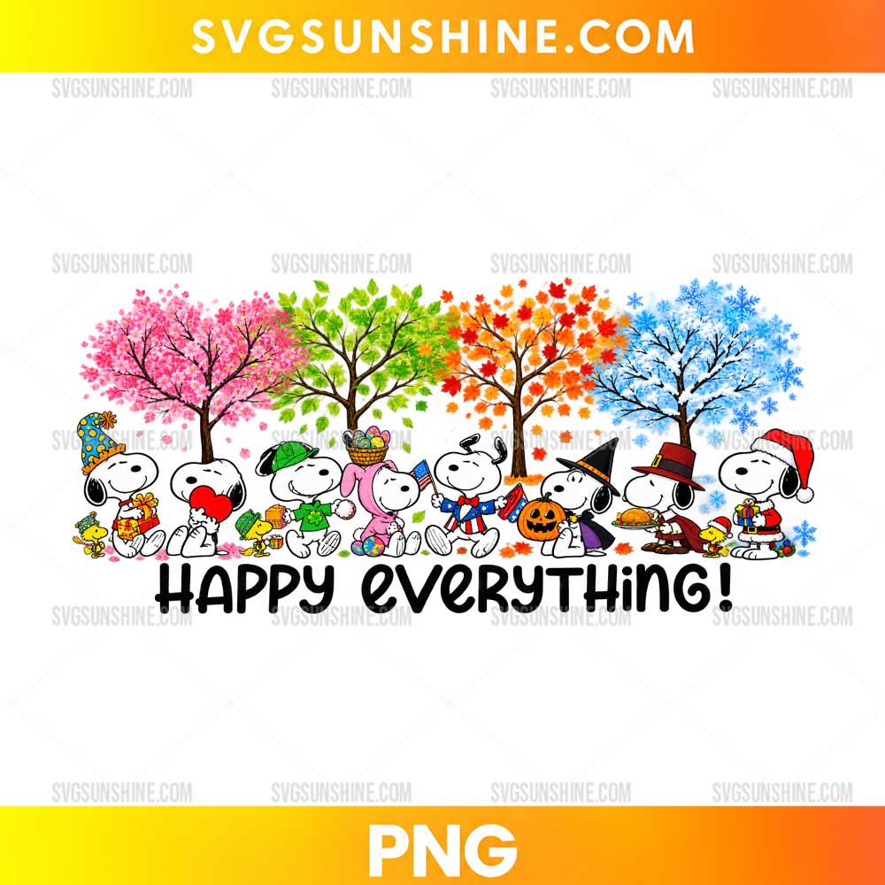 Happy Everything Snoopy PNG featuring four seasons trees and holiday-themed Peanuts-inspired characters