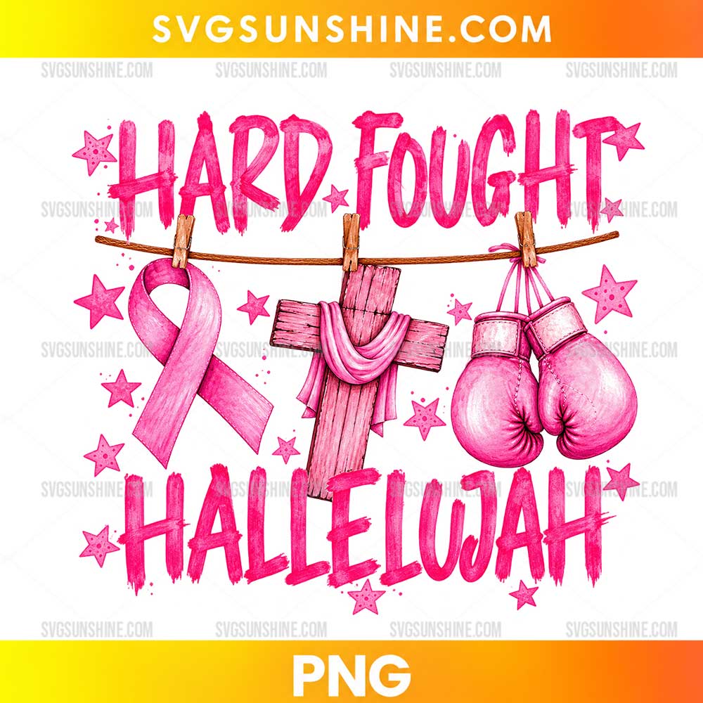 Hard Fought Hallelujah Breast Cancer Awareness PNG with pink ribbon cross and boxing gloves