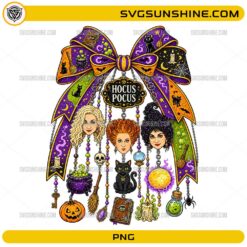 Hocus Pocus Halloween PNG featuring a magical Halloween bow with witch-inspired charms, black cats, pumpkins, potions, and spooky decorations