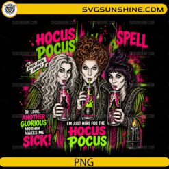 Hocus Pocus Spell PNG featuring colorful witches with magical drinks and retro Halloween graphics