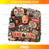 Home Alone Christmas PNG featuring festive holiday movie-inspired design with Christmas decorations, winter scenery, gifts, and holiday quotes