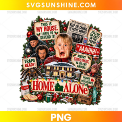Home Alone Christmas PNG featuring festive holiday movie-inspired design with Christmas decorations, winter scenery, gifts, and holiday quotes