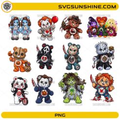 Horror Care Bears Halloween PNG Bundle featuring cute spooky horror bear characters inspired by Halloween villains and creepy creatures