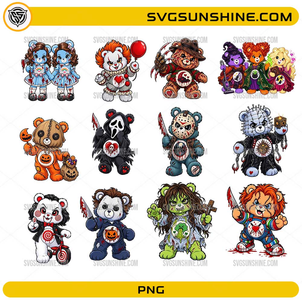 Horror Care Bears Halloween PNG Bundle featuring cute spooky horror bear characters inspired by Halloween villains and creepy creatures