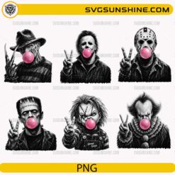 Horror Characters Bubble Gum PNG with horror-inspired figures blowing pink bubble gum and peace signs