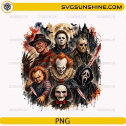 Horror Legends Halloween PNG featuring horror-inspired characters with haunted castle and full moon background