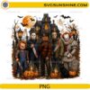 Horror Movie Characters Halloween PNG with haunted mansion, pumpkins, ghosts, bats and horror-inspired characters