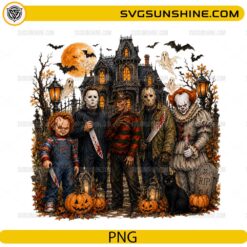 Horror Movie Characters Halloween PNG with haunted mansion, pumpkins, ghosts, bats and horror-inspired characters