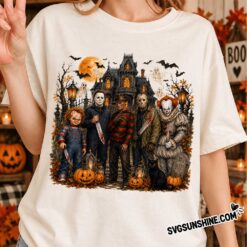 Halloween horror movie characters graphic shirt featuring haunted mansion and pumpkins